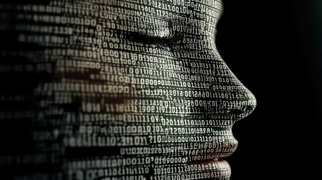 An intriguing abstract composition features a face made of binary code, blending technology with human emotions, encapsulating the intersection of identity and digital life.