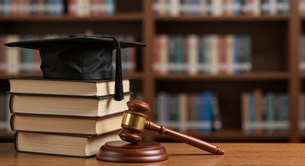 graduation cap on stacked law books with gavel in front, conveying achievement and learning within a library setting