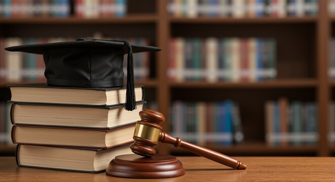 graduation cap on stacked law books with gavel in front, conveying achievement and learning within a library setting