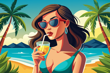 vector of Close up of beautiful brunette in swimsuit and sunglasses drinking cocktail while standing on beach. Summer vacation concept.