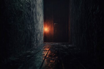 Dark Hallway with Door and Dim Light Creates a Mysterious Atmosphere