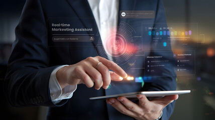 A business leader�s hands interacting with a next-generation AI-driven marketing assistant, providing real-time campaign performance insights and automated content suggestions.