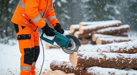 Person in orange workwear using a cutting tool to slice through logs in a snowy forest environment, snow falling softly around them, creating a serene winter scene
