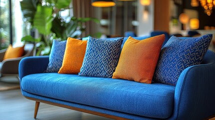 Blue sofa with orange and blue pillows in modern lobby