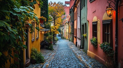Fototapeta premium Cozy Street in Old Town with Historic Charm and Warm Lighting, 