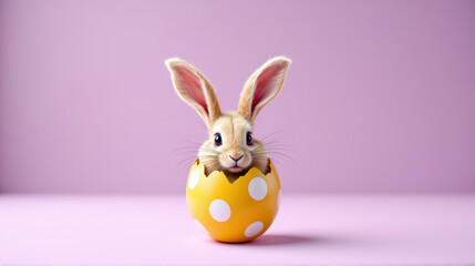 Obraz premium Adorable fluffy brown bunny rabbit emerging from yellow polka dot Easter egg, soft pastel violet background. Charming, springtime, innocence, cuteness, festive, holiday celebration, playful setting. 