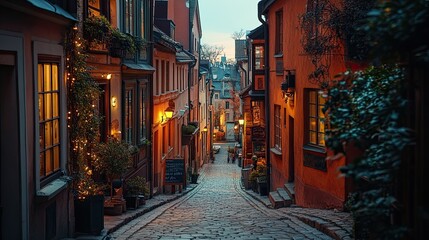 Fototapeta premium Cozy Street in Old Town with Historic Charm and Warm Lighting