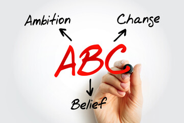 ABC - Ambition Belief Change acronym with marker, business concept background
