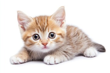 Obraz premium Cute Kitten Lying Down Looking Forward Isolated on White Background