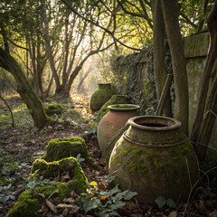 Generative AI of a weathered pottery pots, covered in moss and dirt, nestled beneath overgrown trees. Dappled sunlight filters through the dense canopy, casting soft shadows on the aged ceramics.