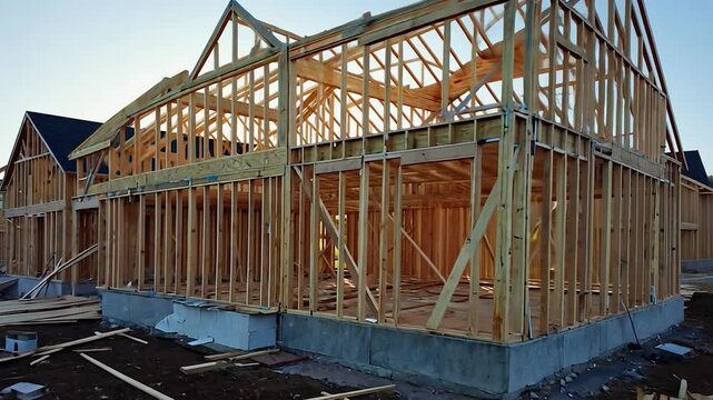 New home construction site with exposed wood framing and concrete foundation