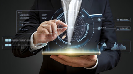 A corporate strategist�s hands working with a holographic ad creative analysis tool, evaluating ad variations, engagement rates, and conversion success.