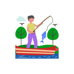 Catching Fish in Rivers Vector Illustration