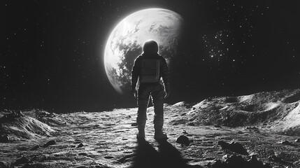 A lone figure in a simple spacesuit standing on a barren moon with earth in the distance, scifi, monochrome, illustration. Lonesome Infinity. Illustration