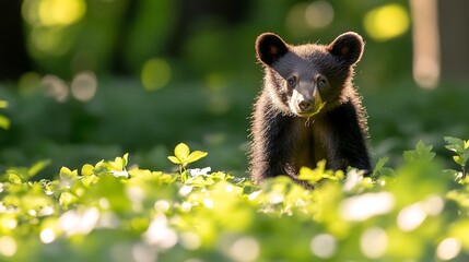 Obraz premium A young black bear cub peering attentively from a green environment