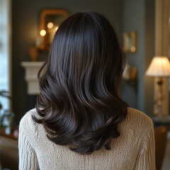 Naklejka premium Luxurious close-up view of shiny dark wavy hair highlighting beauty and healthy hair care concepts