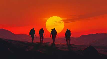Against a stunning sunset, three figures trek across the expansive desert, highlighting themes of exploration, unity, and the majestic allure of the wilderness. Lonesome Infinity. Illustration