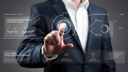 A corporate executive swiping through a holographic PR campaign tracker, featuring press coverage analysis, crisis response monitoring, and social media sentiment scores.