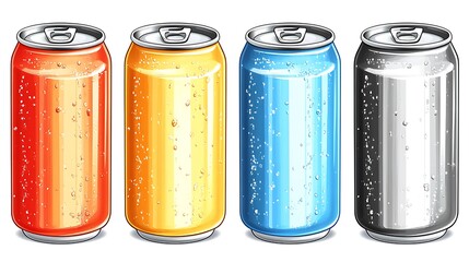 Four colorful soda cans with condensation on their surfaces