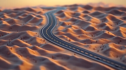 Desert highway perspective emerge, road adventure, path to discovery, holliday trip, aerial view. Lonesome Infinity. Illustration