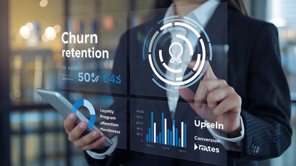 A business professional analyzing a digital customer retention dashboard, featuring churn rate predictions, loyalty program effectiveness, and upsell conversion rates.