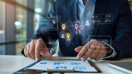 A corporate executive�s hands navigating through an augmented digital marketing strategy map with paid ad campaign performance and organic reach statistics.