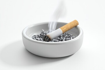 Smoldering Cigarette in Ashtray with Smoke on White Background Still Life