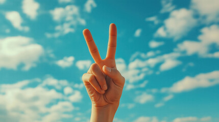 Hand showing peace sign against blue sky with clouds  