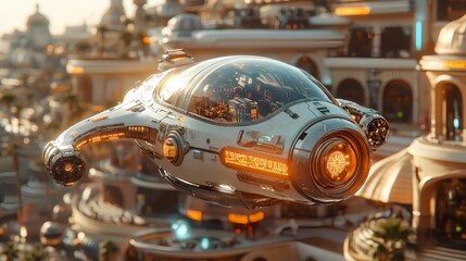 Future City Transport: A futuristic aircraft soars through a vibrant city, showcasing an innovative design amidst stunning architecture, capturing the essence of progress and advanced transport.
