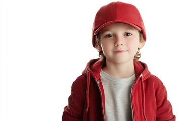 Cute Young Boy Wearing Red Cap and Hoodie Posing Against White Backdrop