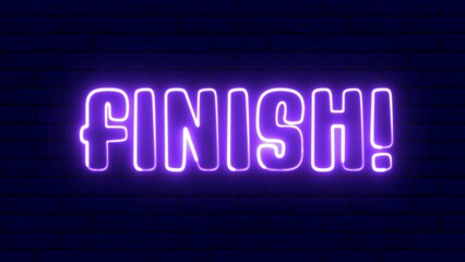 Finish neon sign. Finish text font with neon light. Luminous and shimmering haze inside the letters of the text Finish. 