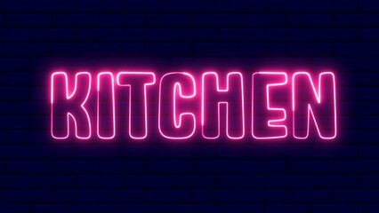 Kitchen neon sign. Kitchen text font with light. Luminous and shimmering haze inside the letters of the text Kitchen.	
