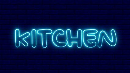 Obraz premium Kitchen neon sign. Kitchen text font with light. Luminous and shimmering haze inside the letters of the text Kitchen. 