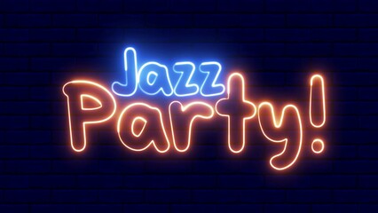 Obraz premium Jazz Party neon sign. Jazz Party text font with neon light. Luminous and shimmering haze inside the letters of the text Jazz Party.