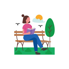 Reading in Park Flat Vector Illustration