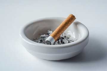 Lit Cigarette in White Ashtray with Ash on a Plain Background