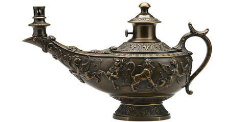 Fototapeta premium Ornate Genie Lamp with Detailed Lion Design and Handle on White