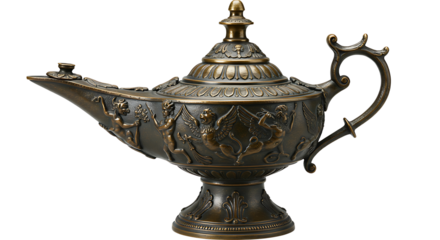 Ornate Bronze Oil Lamp with Angels and Mythical Creatures on Display