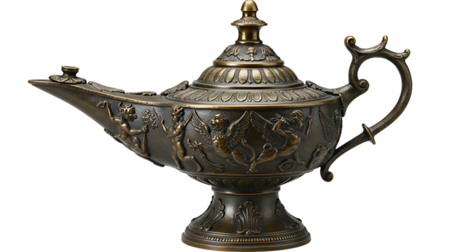 Ornate Bronze Oil Lamp with Angels and Mythical Creatures on Display