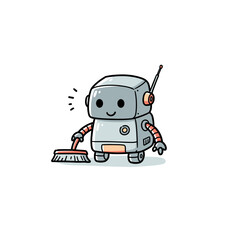 Kawaii Robot Character with a Happy Smile Sweeping with Brush Representing Automation against White Background with copy space
