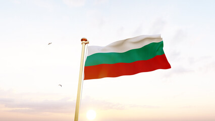 Bulgaria flag waving in beautiful sky. Flag of Bulgaria waving in the wind, sky and sun background. Bulgaria Flag. UHD. 