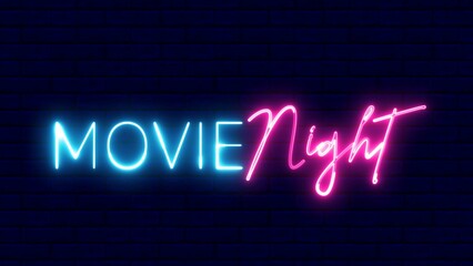 Movie night neon sign. Movie night text font with light. Luminous and shimmering haze inside the letters of the text Movie night. 