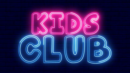 Kids Club neon sign. Kids Club text font with neon light. Luminous and shimmering haze inside the letters of the text Kids Club neon. 