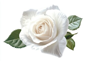 Elegant White Rose Blossom with Green Leaves on White Background