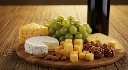 Cheese platter with grapes, almond and walnut on wooden board, gourmet indulgence, delicious snack, appetizer arrangement for wine tasting, party celebration food