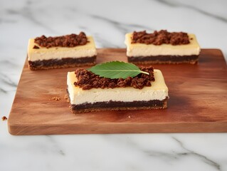 Delicious Crumb-Topped Cheesecake Bars on Wooden Board