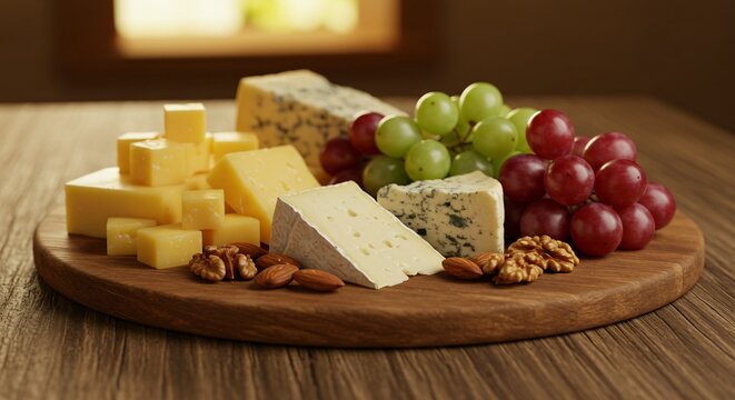 Assortment of cheeses with grapes, almonds, walnuts on cutting board for gourmet food presentation, elegant appetizer selection idea, perfect for Thanksgiving day
