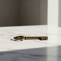 Antique key on marble surface in sunlight. Space for text.
