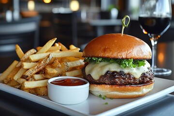 Delicious Gourmet Cheeseburger with Crispy French Fries and Ketchup Restaurant Food Photography bun eat beef meal dish juicy patty lunch tasty yummy  