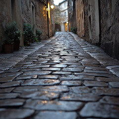 Worn cobblestone street: Centuries-old grooves polished smooth by foot traffic.